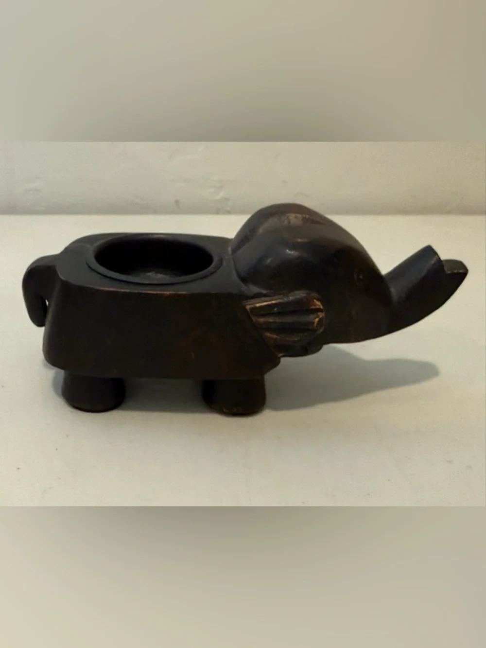 Hand Carved Brown Wood Elephant TeaLight Candle Holder Trunk Up Luck Shelf Decor